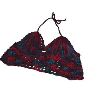 Handmade Crochet Halter Crop Top Burgundy Teal Boho Festival Adjustable Small